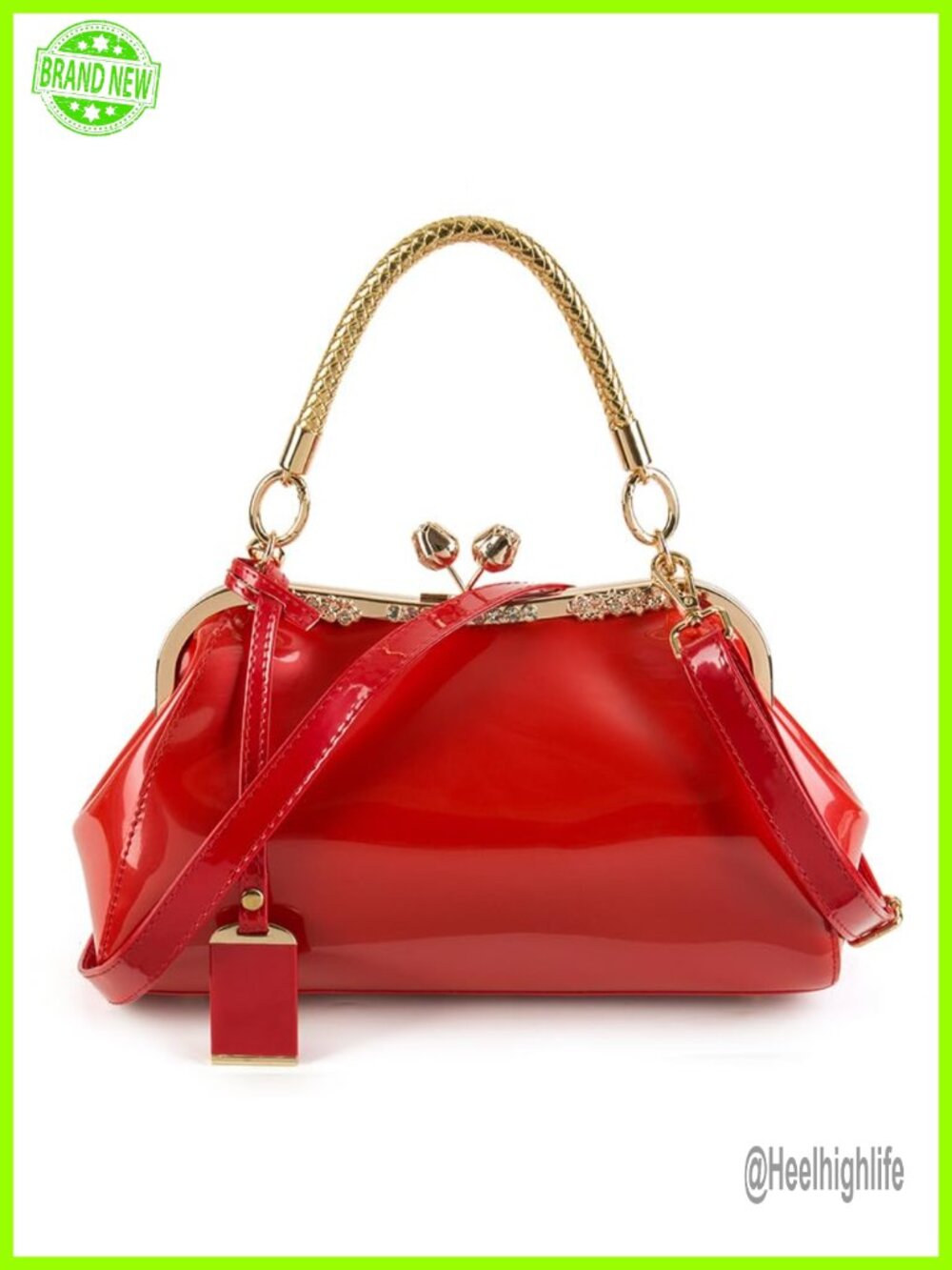 Glossy Faux Patent Leather Satchel Kiss Lock Evening Bag Detachable Strap
